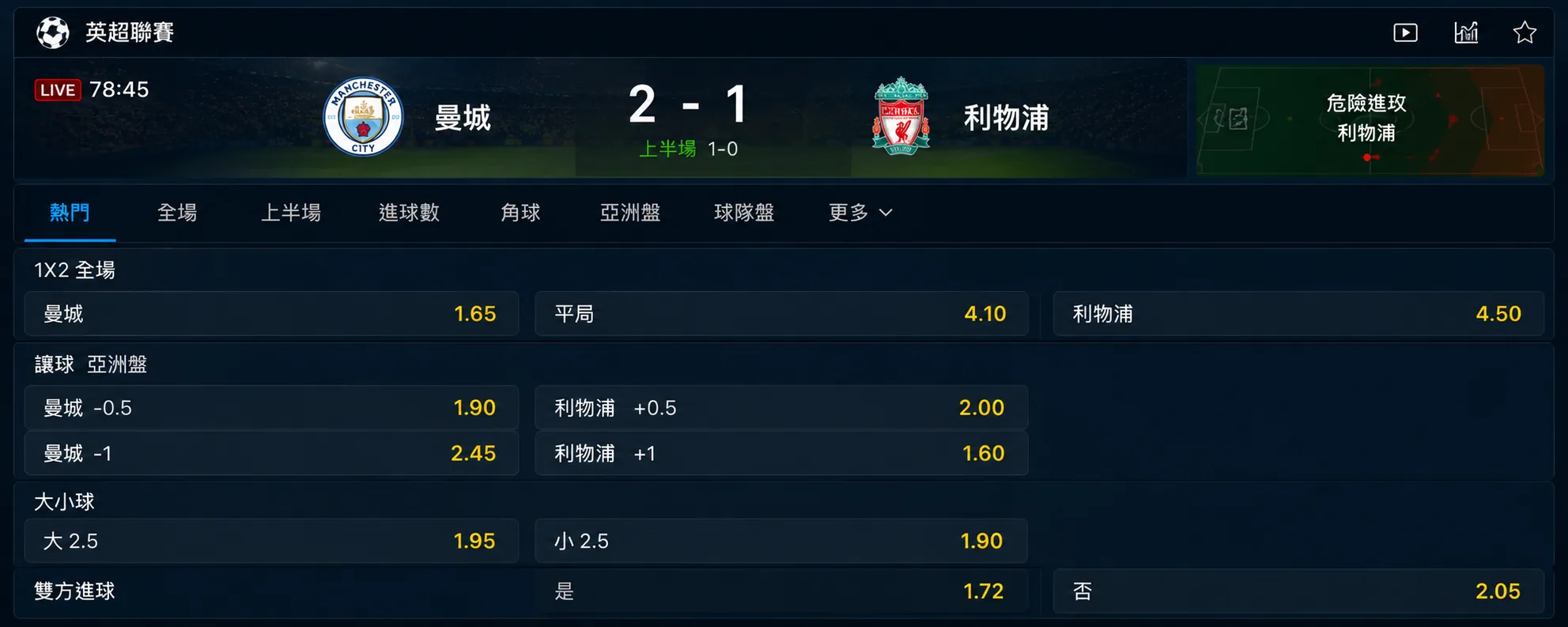 足球賠率盤口介面